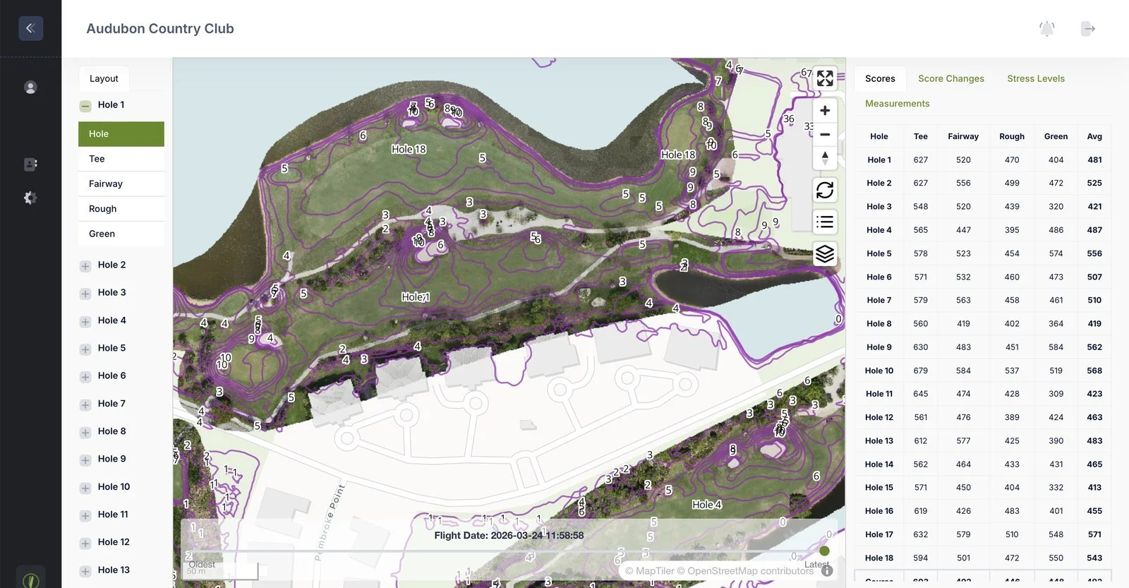 Detailed contour line overlay on golf course terrain