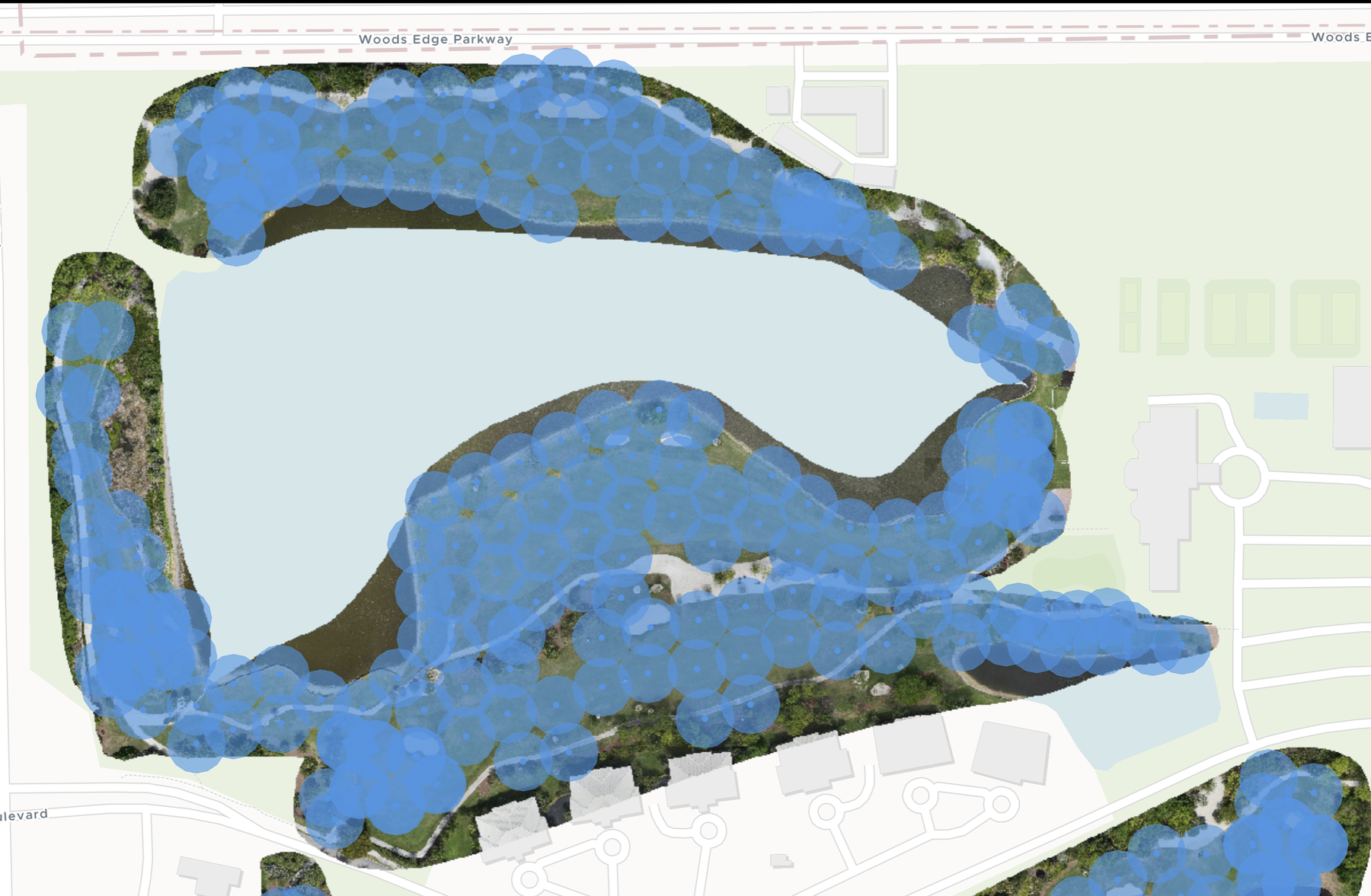 Irrigation coverage overlay — radius and zone coverage visualised per head