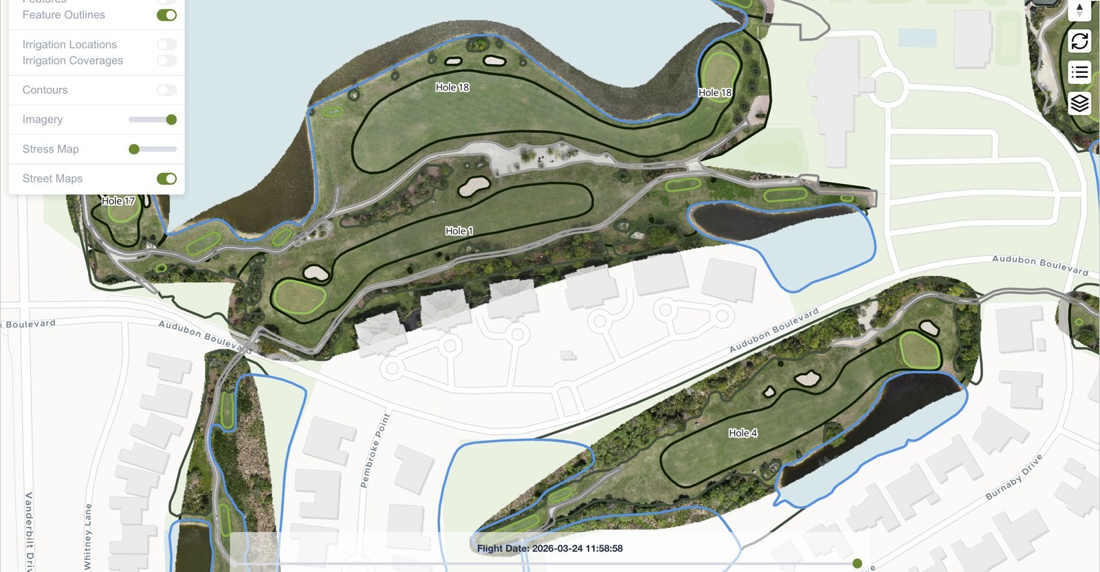 Irrigation head outlines mapped over a golf course fairway