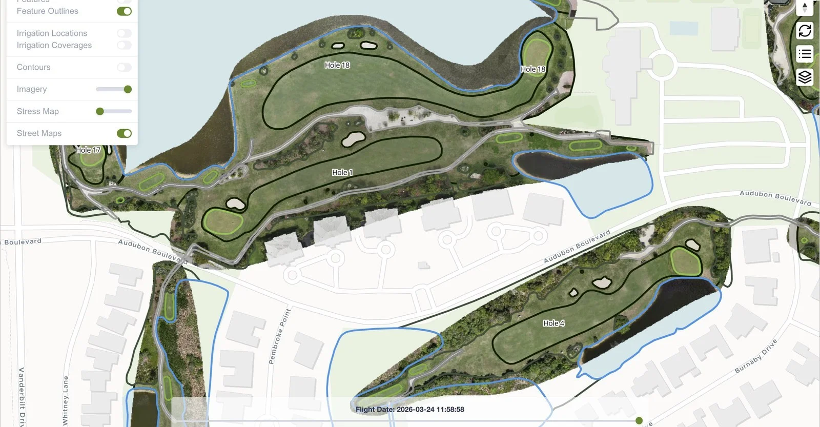 Irrigation coverage map showing sprinkler head locations and coverage zones