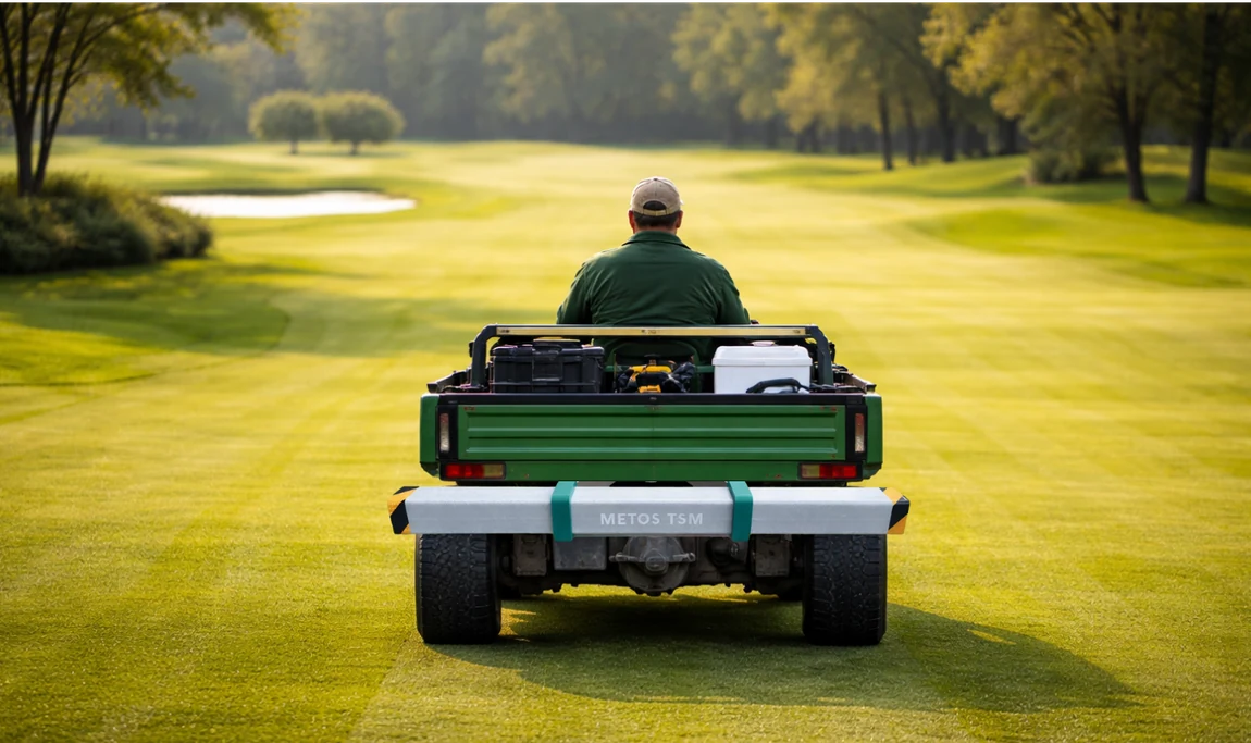METOS TSM mounted on utility vehicle on golf course