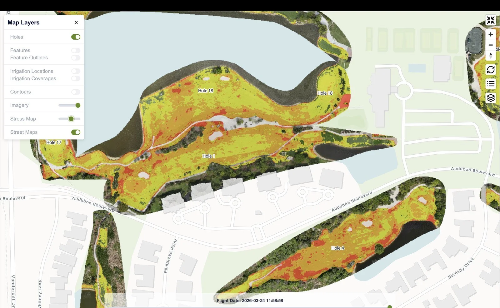 TurfScore platform showing color-coded stress map across multiple holes