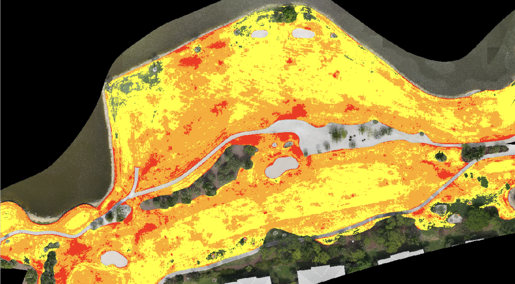 TurfLogic stress map — multispectral aerial showing invisible turf stress in colour