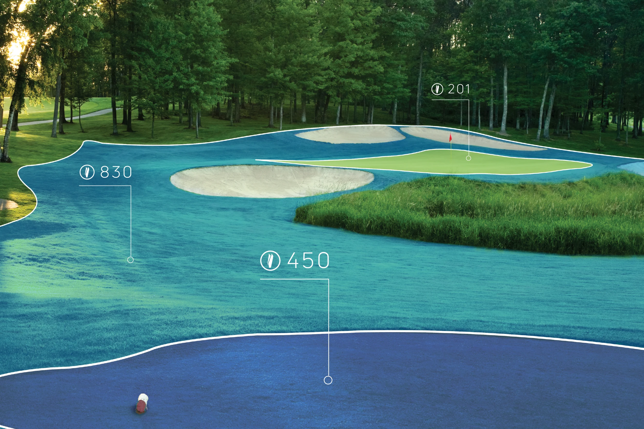 Golf hole with TurfScore zone scores overlaid showing per-zone health ratings