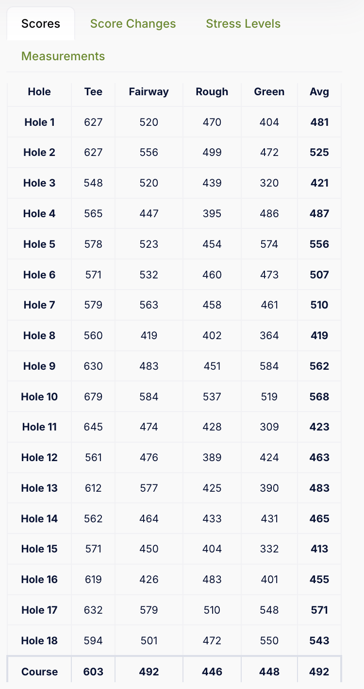 TurfScore platform — hole scoring summary table
